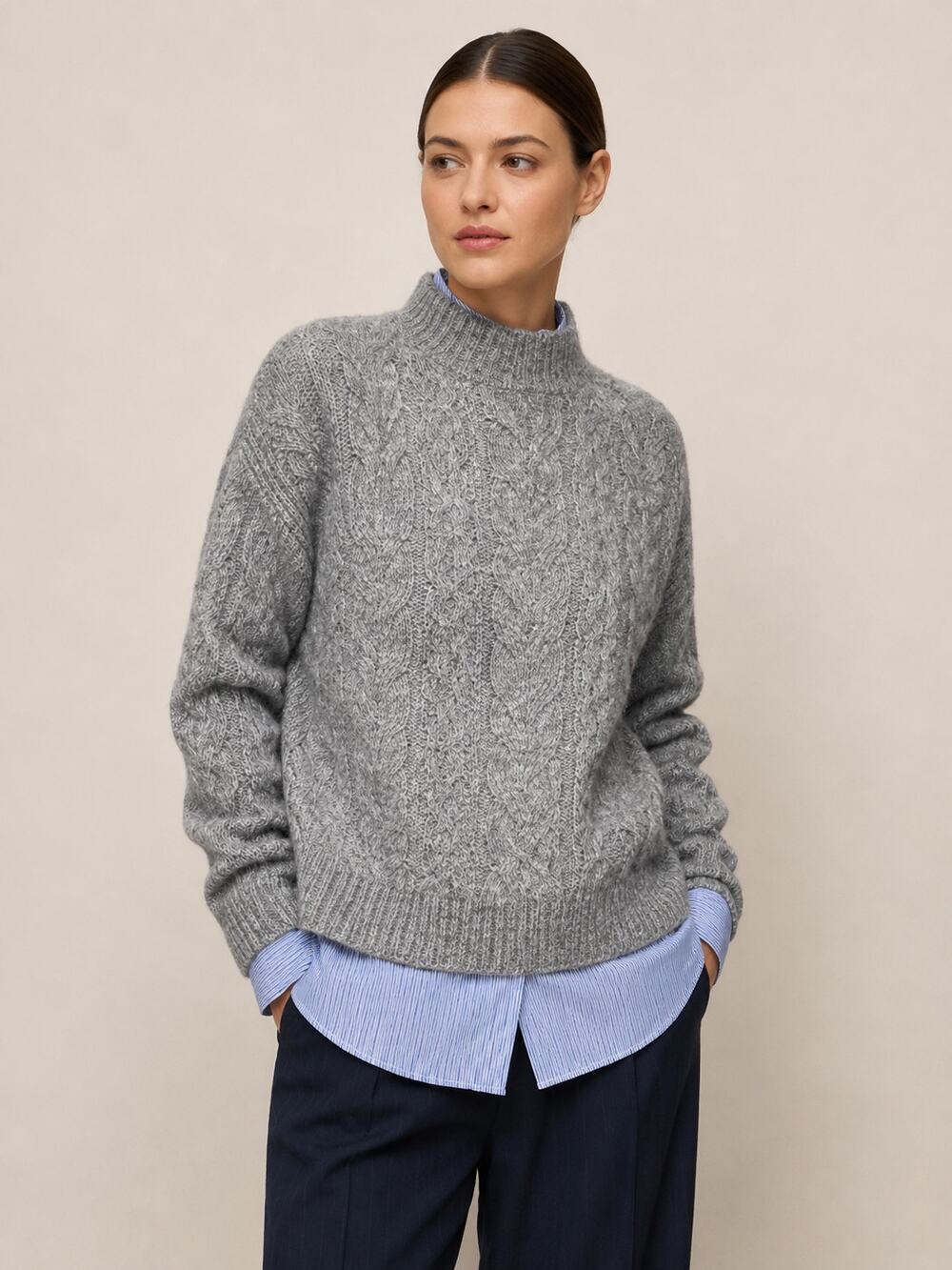 NWT Joie M Gray Cable Knit Wool Blend Mock Neck Chunky Sweater Quiet Luxury